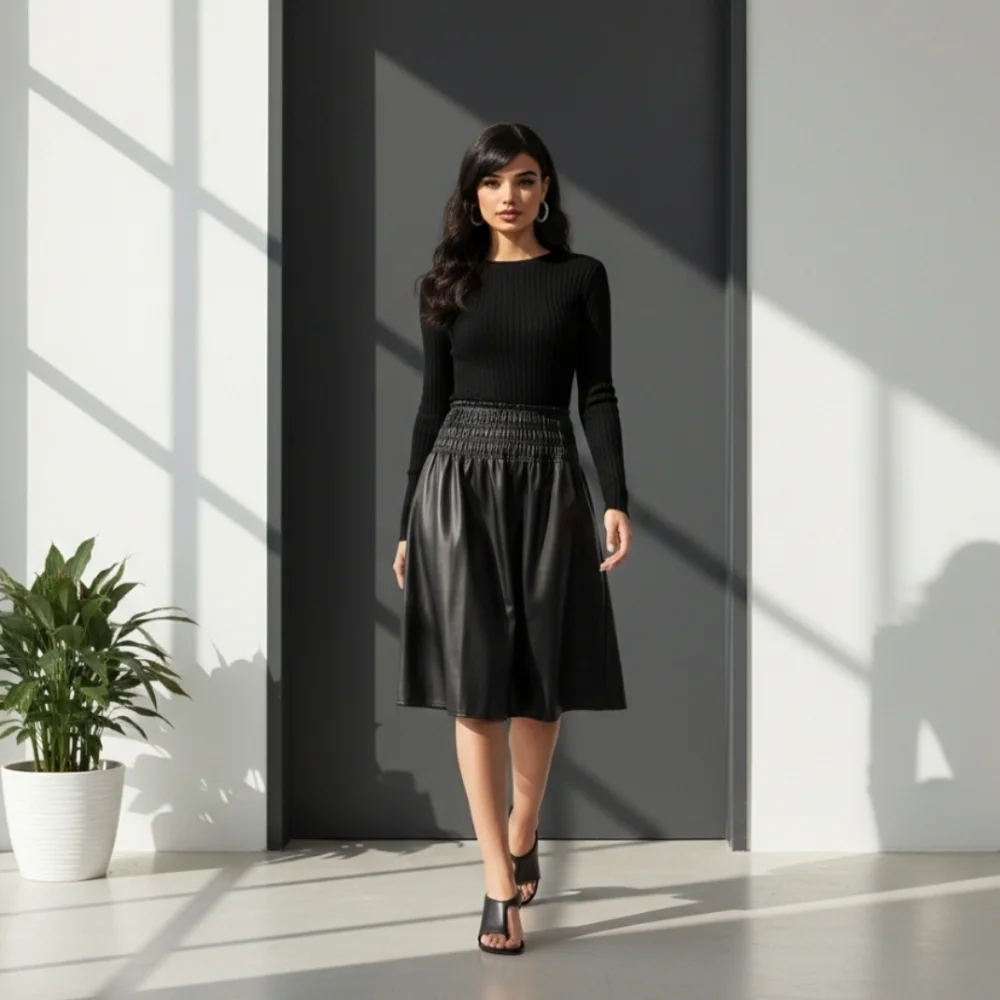 Acting Pro  Smock Waisted Faux Leather Skirt Black Size Large - Picture 7 of 7